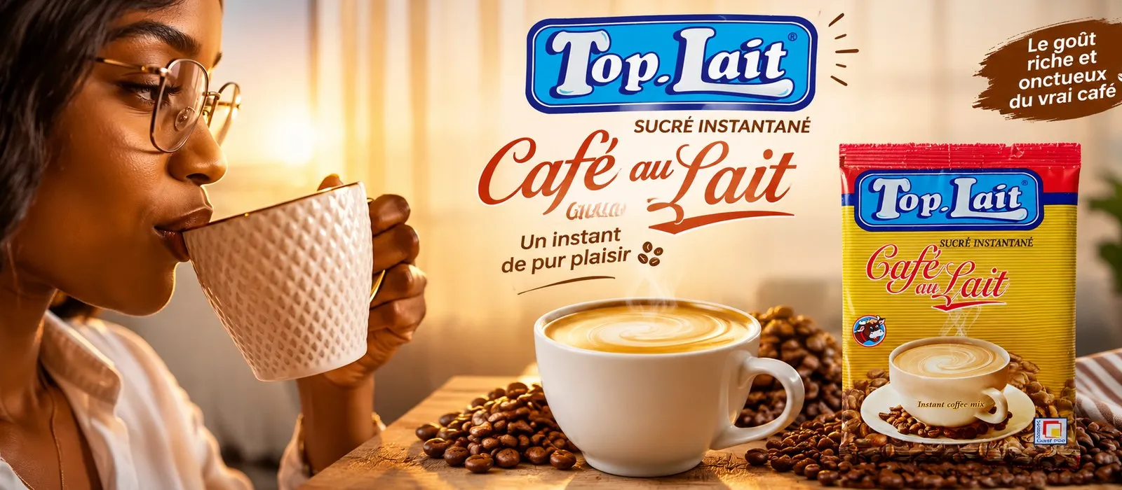 Publicité Top Lait : café au lait sucré instantané